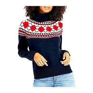 Tommy Hilfiger Womens Navy Argyle Fair Isle Turtleneck Sweater Skiing Preppy XL